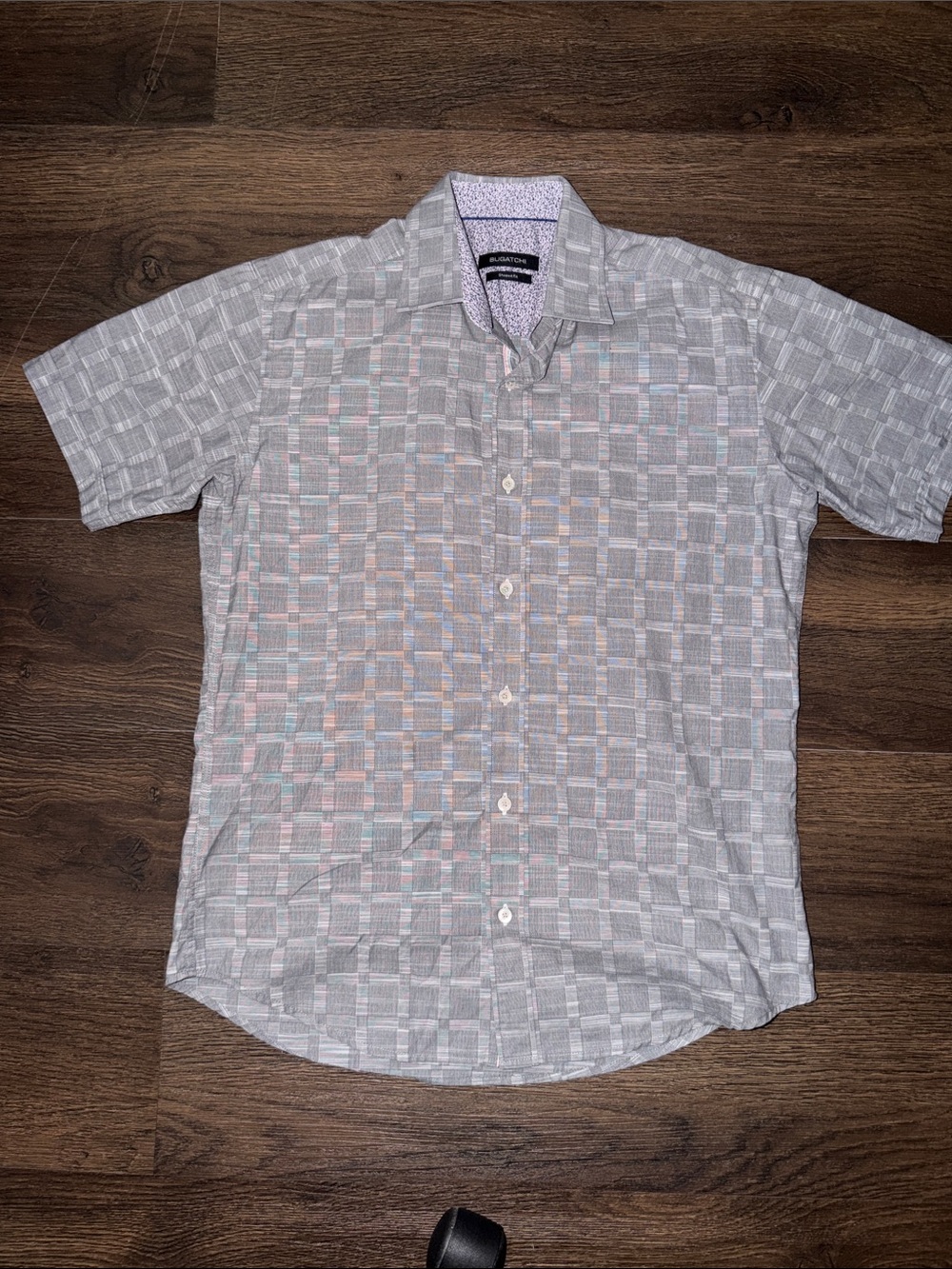 Bugatchi Mens Shaped Fit Short Sleeve Button Up Shirt Geometric Grey Mens size S